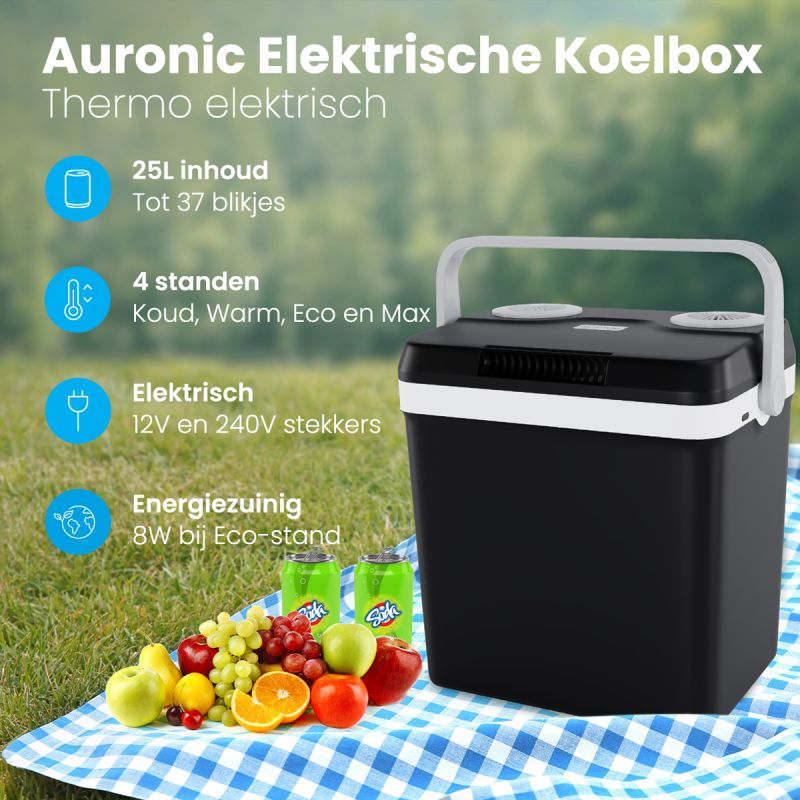 Glacière électrique Auronic 25 litres - Refroidissement et chauffage jusqu'à 65 °C - 12 V et 240 V - 44 x 32 x 44,7 cm - Noir