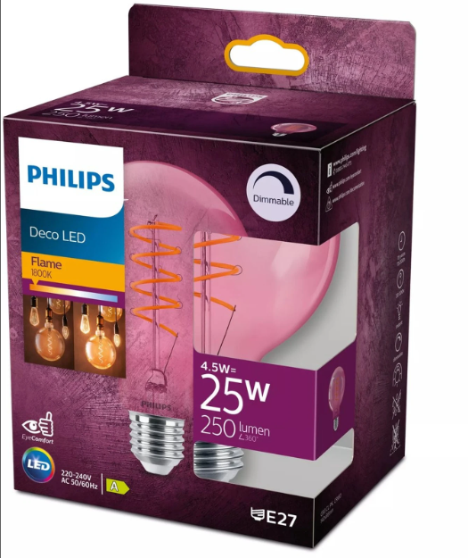 Ampoule LED à filament Philips G93 - E27 - 4,5 W - Équivalent 25 W - Dimmable - Rose