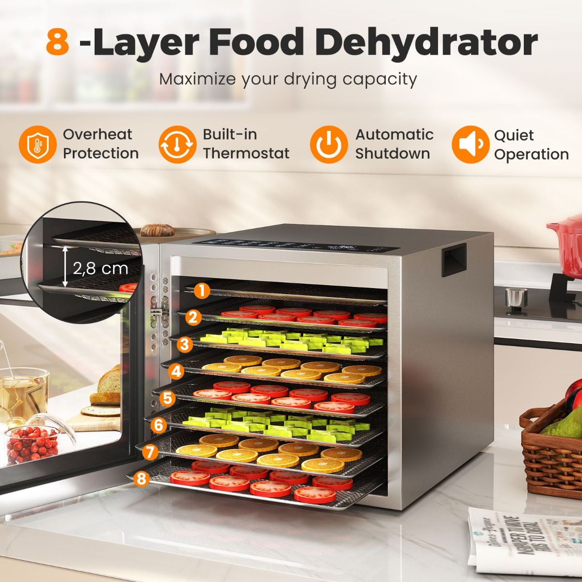 Déshydrateur alimentaire Coast - 8 étages - minuterie numérique et réglage de la température - argent