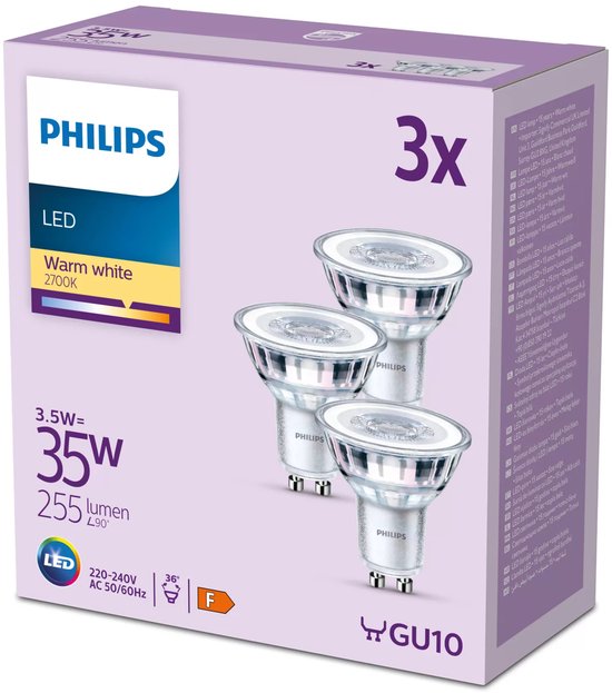 Spot LED Philips - 35 W - GU10 - Lumière blanc chaud - 3 pièces