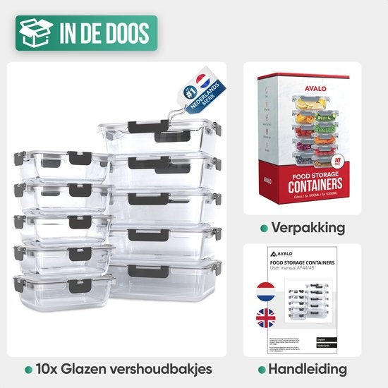 Avalo Plateaux de conservation des aliments en verre - Plateaux de préparation des repas - Plateaux de congélation - Avec couvercle - 10 pièces 1060ml / 370ml