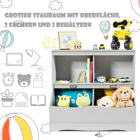 COSTWAY Étagère pour enfants, étagère à jouets avec 4 compartiments, étagère à livres pour enfants, étagère de rangement, organisateur de jouets pour la chambre d'enfant et la salle de jeux, 67 x 40 x 62 cm, gris