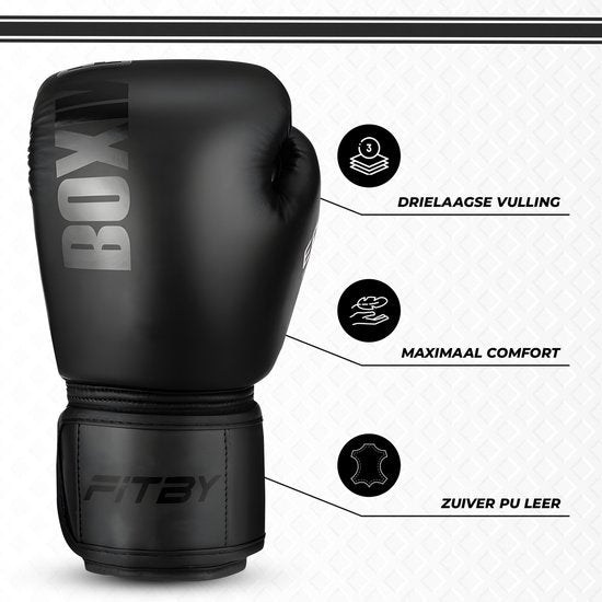 Gants de boxe Fitby - Gants de kickboxing - Gants de boxe - Gants de boxe pour enfants - Noir - 8 oz