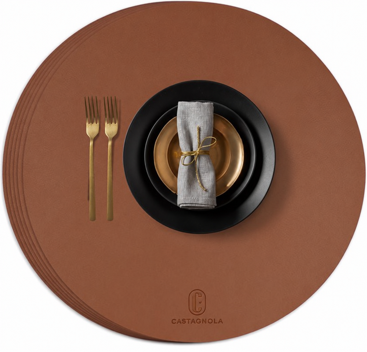 Sets de table Castagnola aspect cuir - Sets de table ronds - Sets de table antidérapants en simili cuir - Sets de table imperméables - 6 pièces - Diamètre 38 cm - Marron