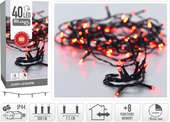 Lumière de Noël 40 led- 3m - rouge - Minuterie - Fonctions d'éclairage - Mémoire - Extérieur - Intérieur