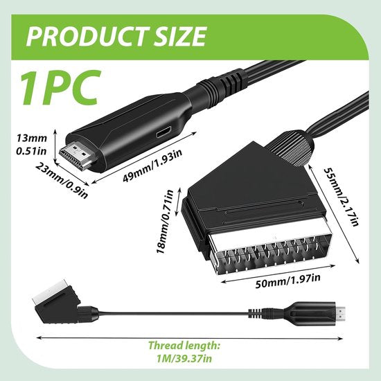 Adaptateur SCART vers HDMI - Adaptateur audio-vidéo tout-en-un SCART vers HDMI 1080p/720p - Livré avec un câble HDMI, un câble d'entrée SCART et un port de sortie HDMI - Compatible avec les téléviseurs HD, les décodeurs, les magnétoscopes VHS, la Xbox, la
