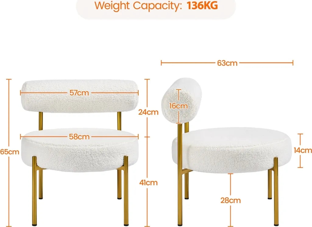 Yaheetech Lounge Chair 63 × 58 × 65 cm - White Bouclé - Chaise relaxante moderne avec assise ronde et pieds en métal