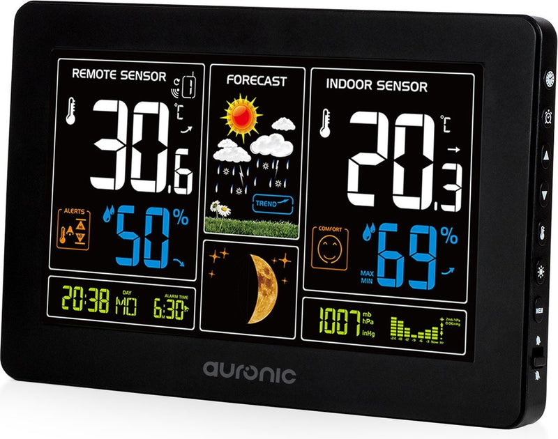 Station météo - Auronic - Sans fil - Intérieur et extérieur - avec capteur - Portée 60M - Noir
