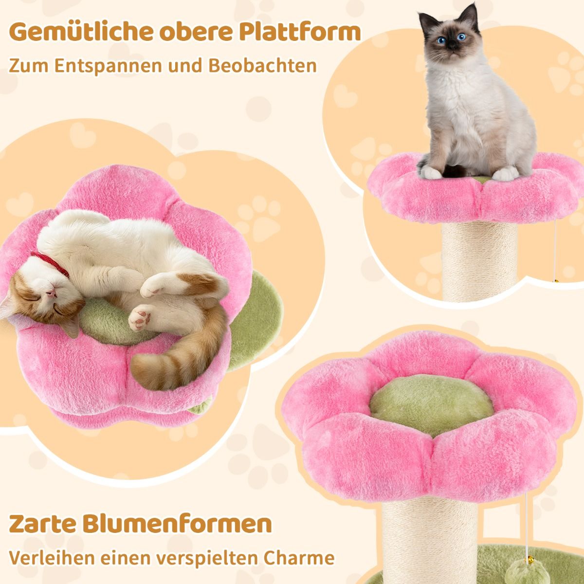 Arbre à chat Coast - 3 étages - avec coin repos en peluche et plateformes fleuries - rose - 69 cm