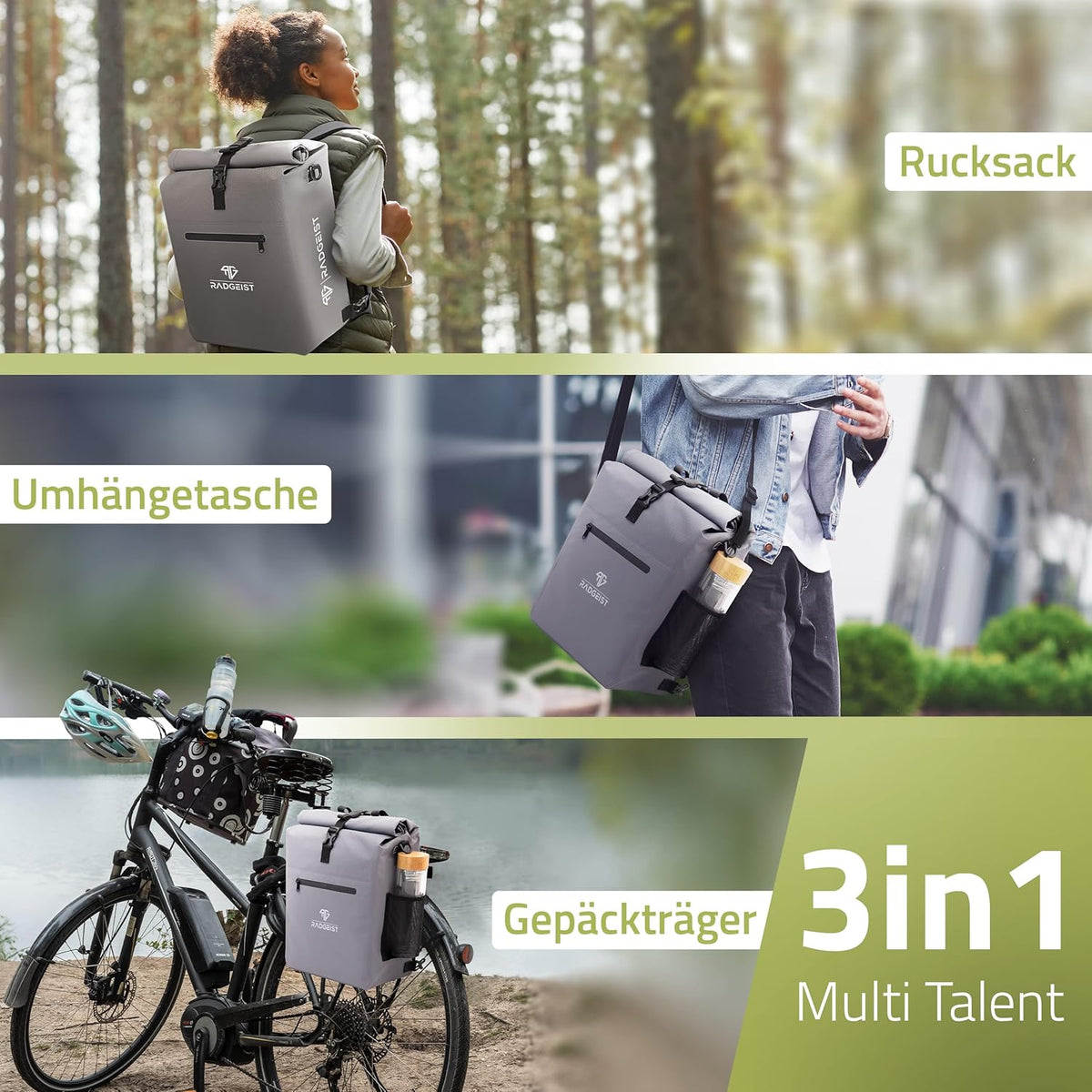 RADGEIST 3in1 sacoche de transport - sac à dos pour vélo - sacoche de transport - sac à bandoulière - avec compartiment pour ordinateur portable - étanche - 25L - gris
