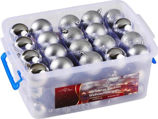 Cadeaux de Noël Set de boules de Noël argentées - 70 pièces boules de Noël en plastique - boîte de rangement pour boules de Noël incluse - Ø4/5/6 cm