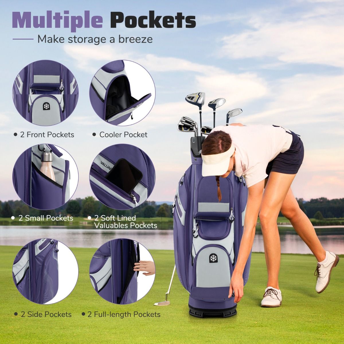 Sac de golf Coast - 14 compartiments - 11 poches de rangement - Violet