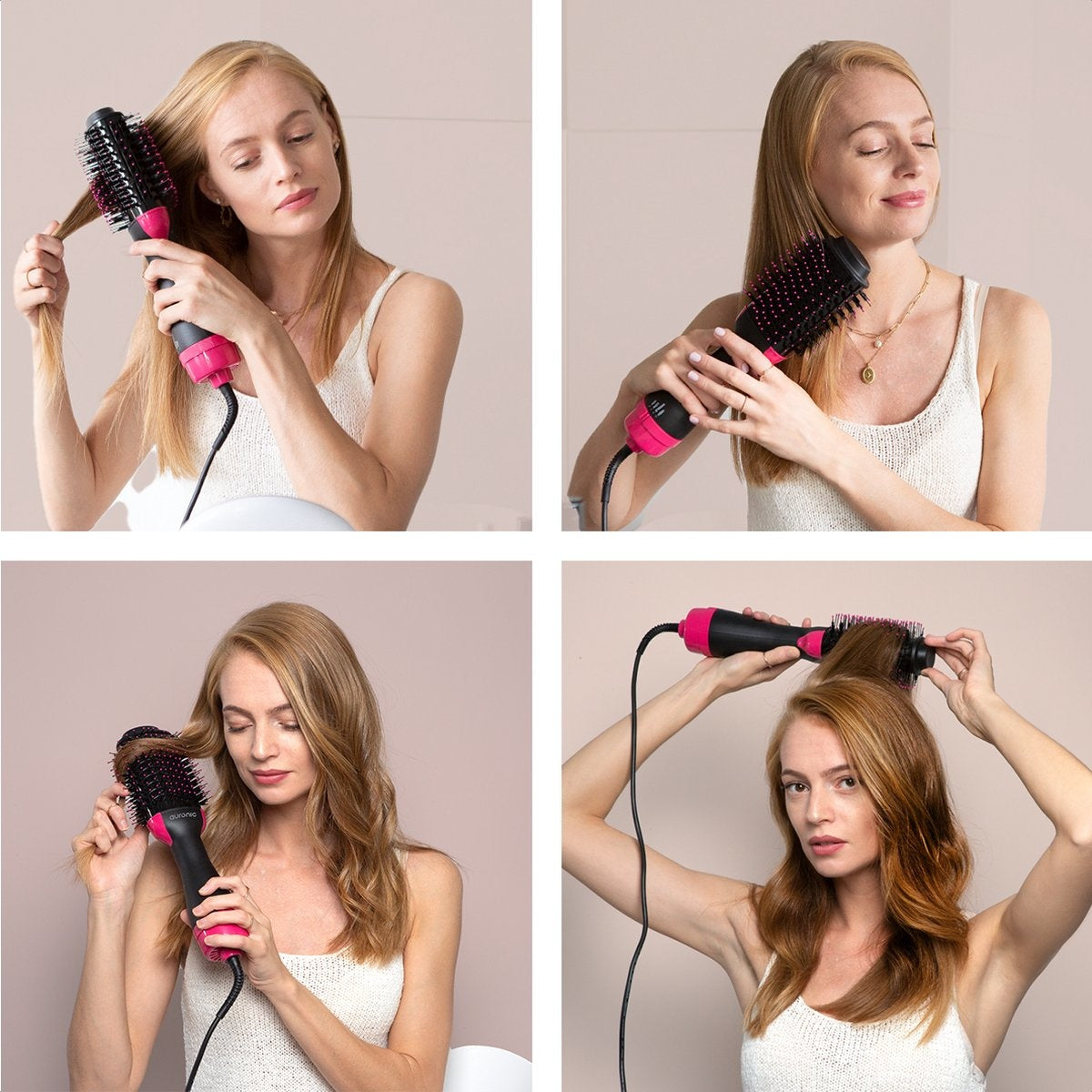 Brosse Soufflante - Auronic - Brosse coiffante - 3 en 1 - 1000W - Noir/Rose