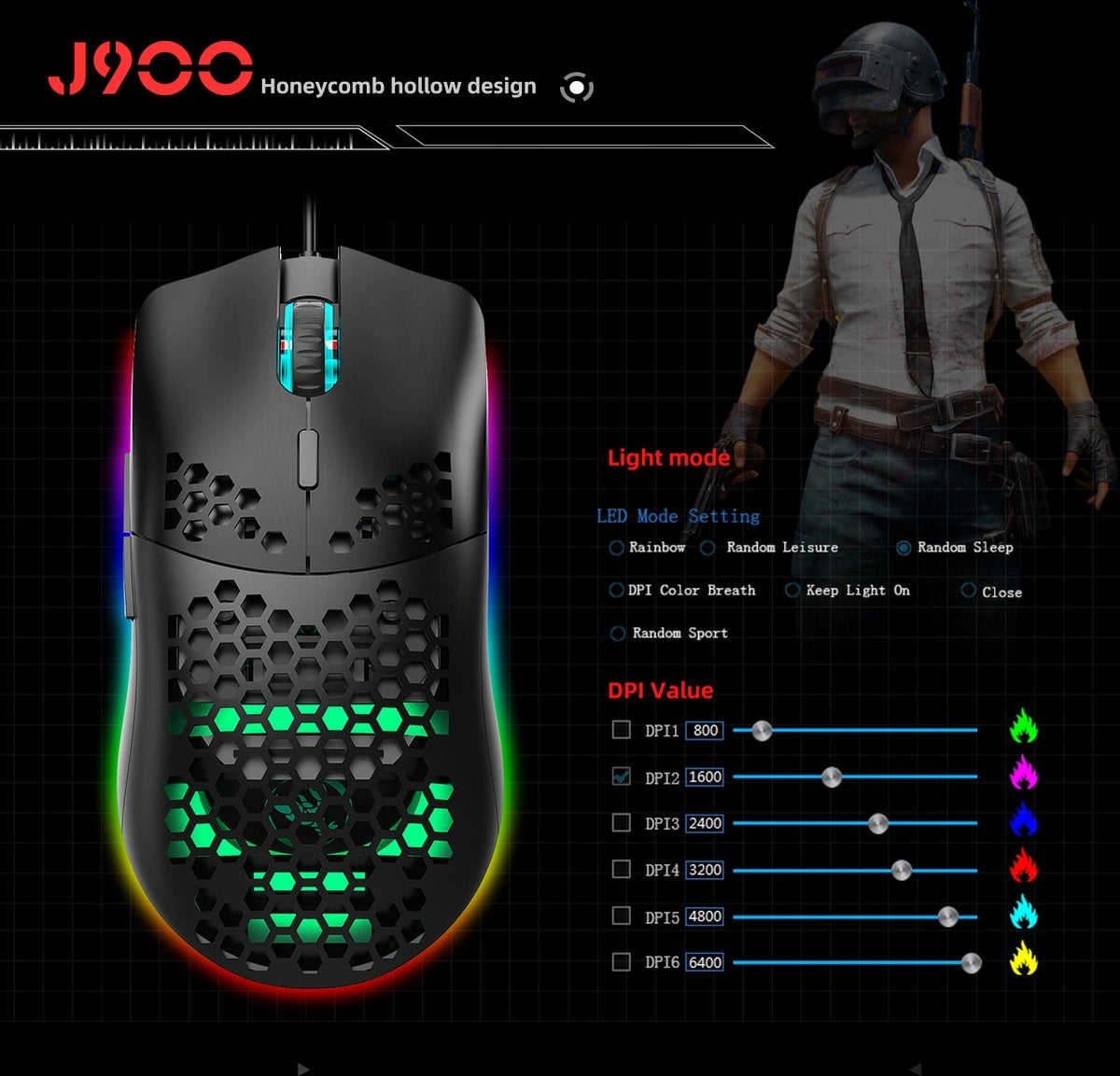 HXSJ J900 Souris de jeu optique - Ultra légère - Illumination RGB - 6400 DPI - Noir