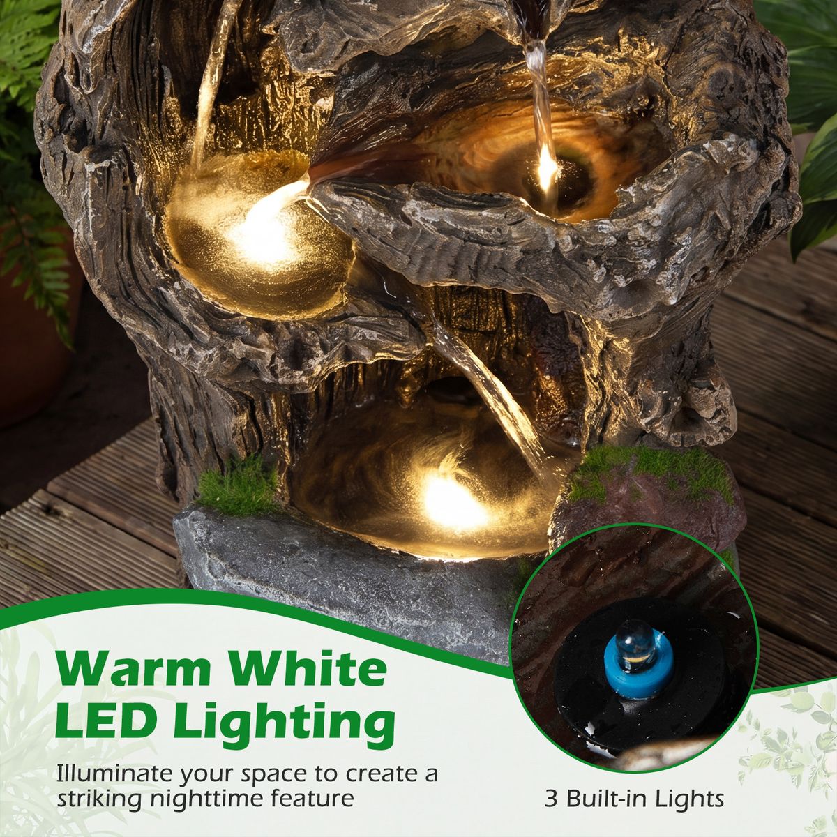 Fontaine de jardin Coast à 4 niveaux - Éclairage LED - Résistante aux intempéries - Marron, 26 x 28 x 53 cm