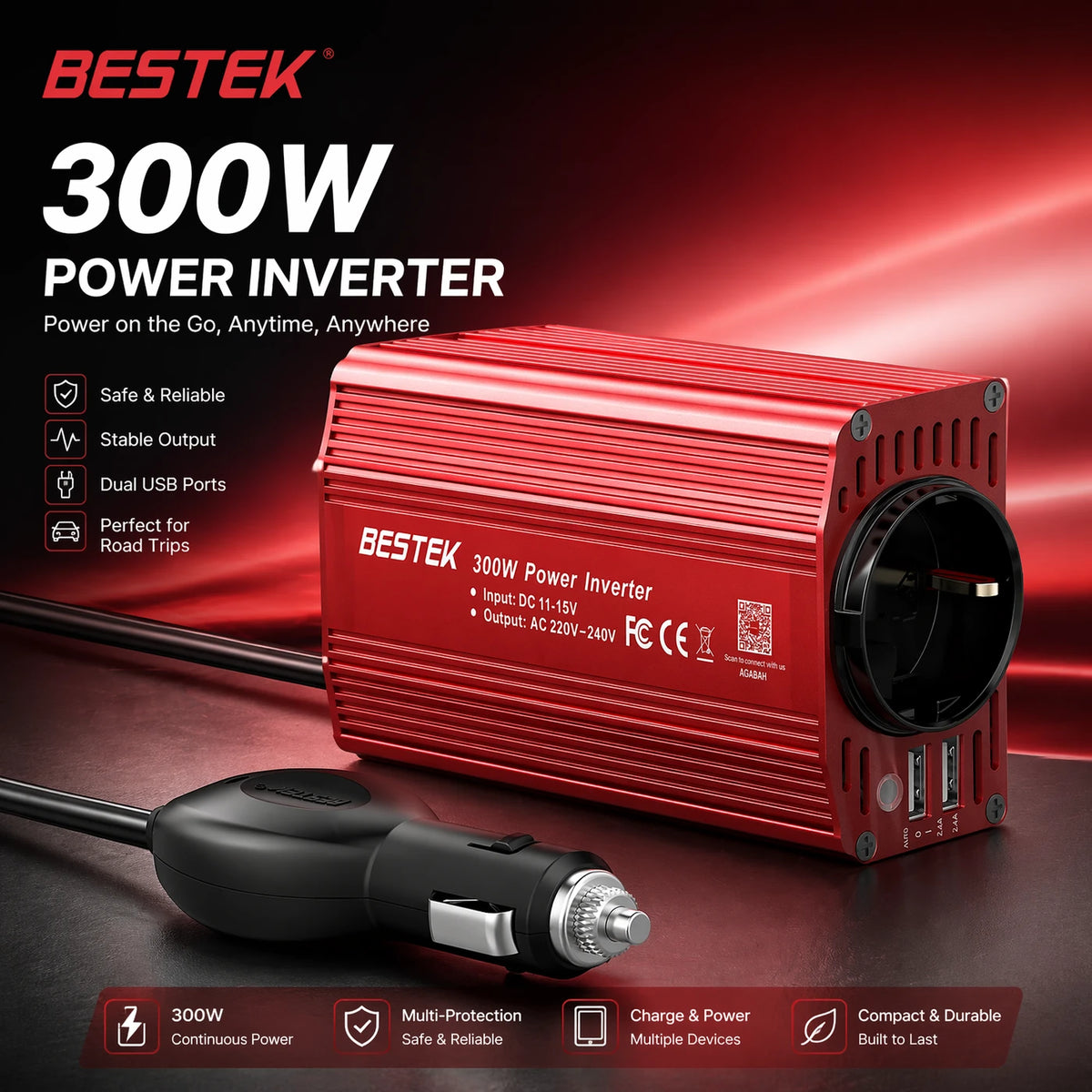 Convertisseur BESTEK 300 W 12 V vers 230 V – 2 ports USB et prise de courant – Pour voiture, camping-car et en déplacement – Rouge