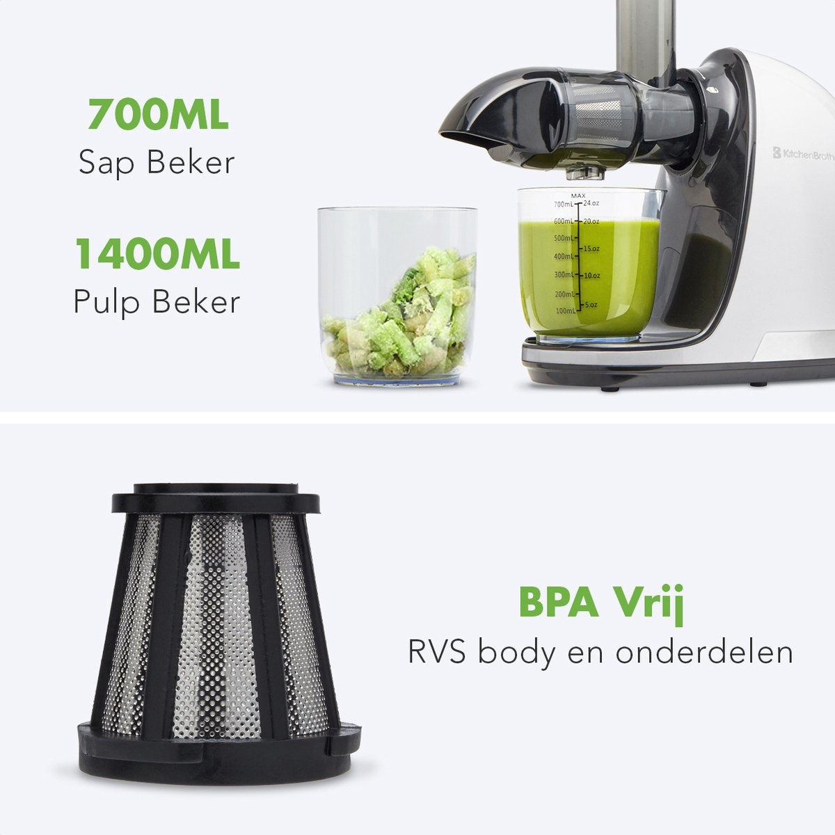 KitchenBrothers Slowjuicer - Presse-agrumes - 700ml - Blanc