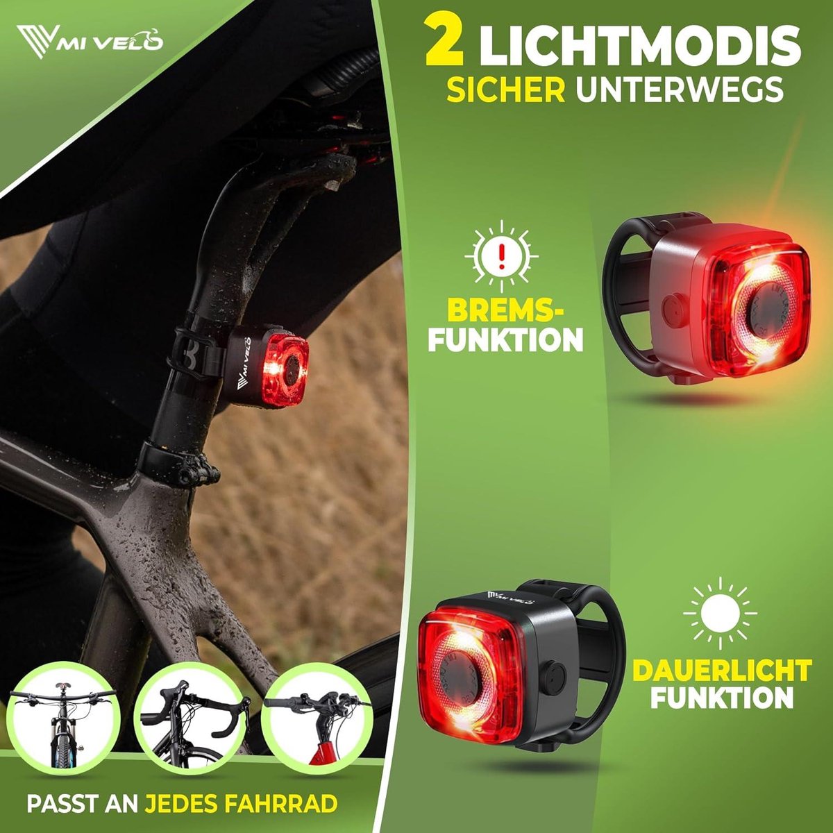 Kit d'éclairage vélo MIVELO avec clignotant - Étanche IPX5 - Feux avant et arrière rechargeables par USB - Noir