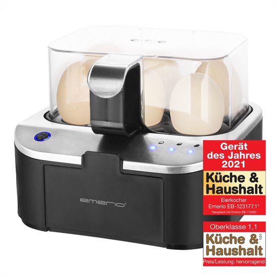 Cuiseur à œufs électrique Emerio Smart - Pour 6 œufs - 400 W - Messages vocaux - Cuisson à point, molle et moyenne simultanée - Tasse doseuse incluse - EB-123177.12 - Cuiseur à œufs noir