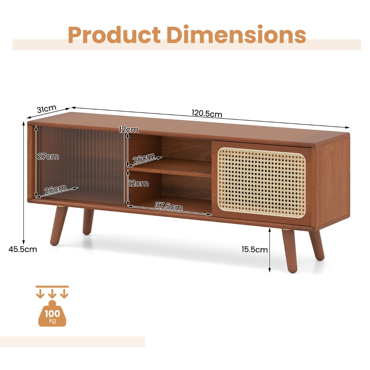 Meuble TV Coast - bambou avec porte coulissante en osier et verre - étagère réglable - marron - 120,5 x 31 x 45,5 cm
