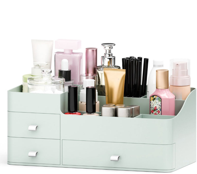 Organess Make-up Organiser 2024 - Acrylique vert - 3 tiroirs et 2 compartiments - Boîte de rangement pour les soins de la peau