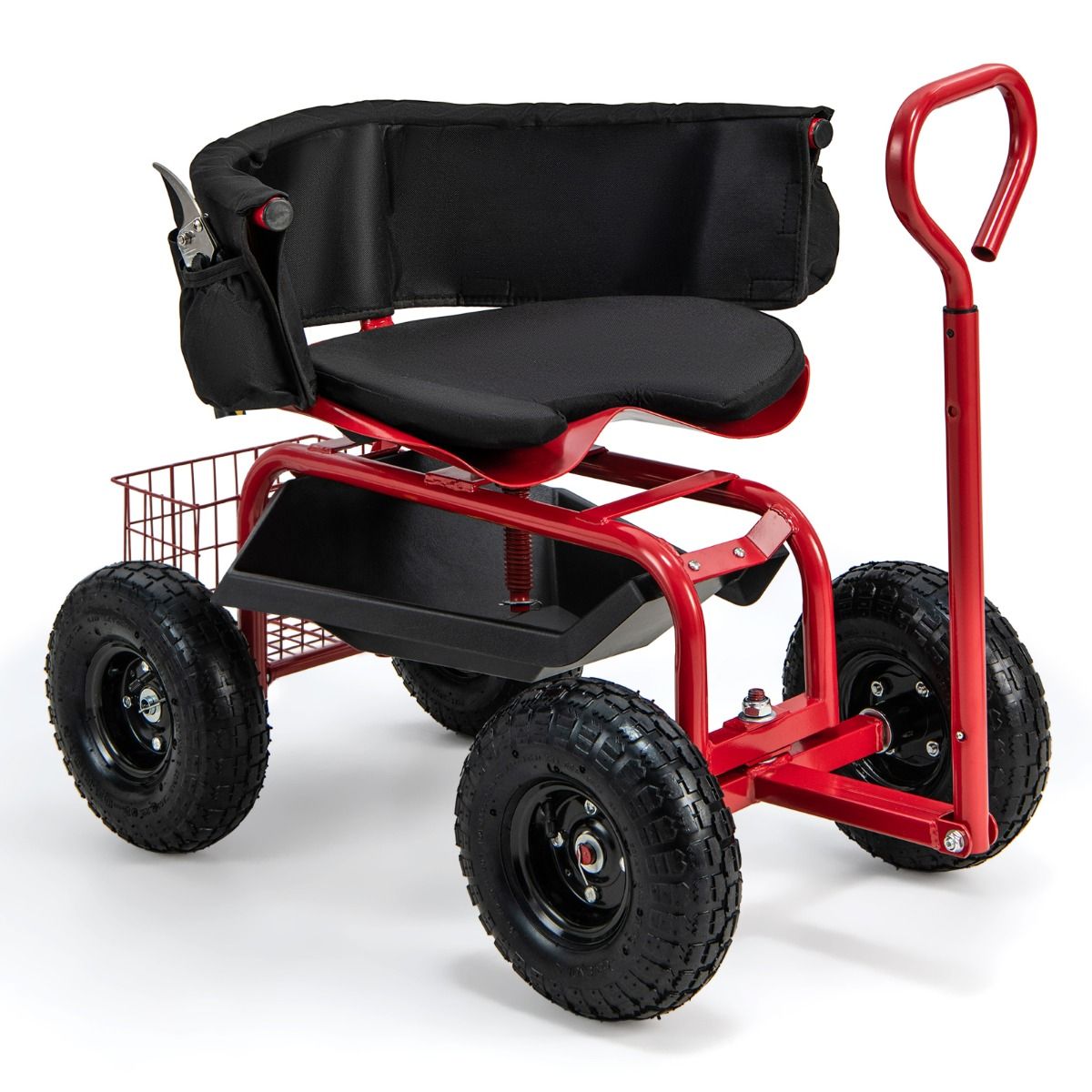 Chariot de jardin Coast avec siège à roulettes - poignée télescopique - espace de rangement - rouge