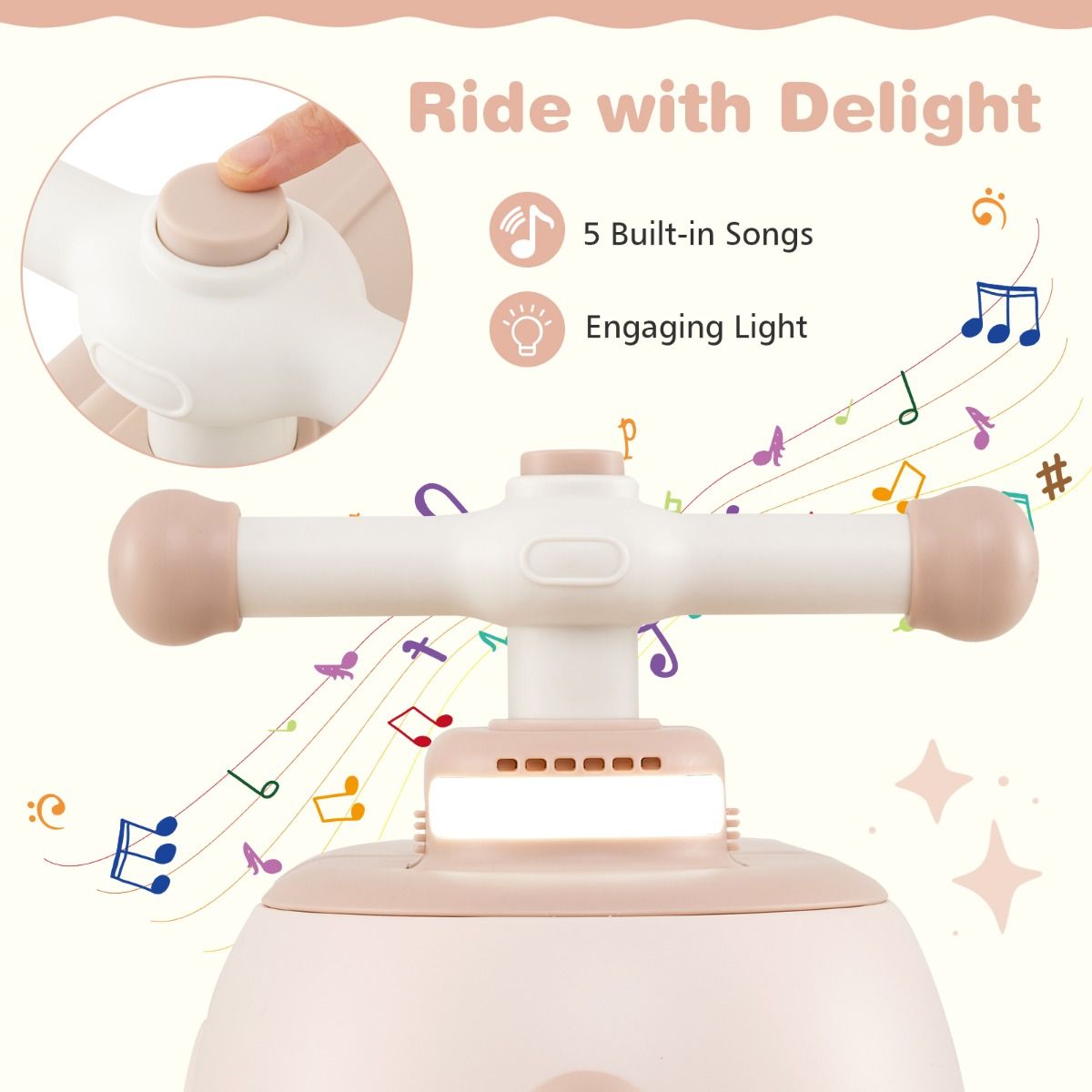 Voiture à pédales Coast avec remorque - Chansons et lumières - Espace de rangement - Beige et rose