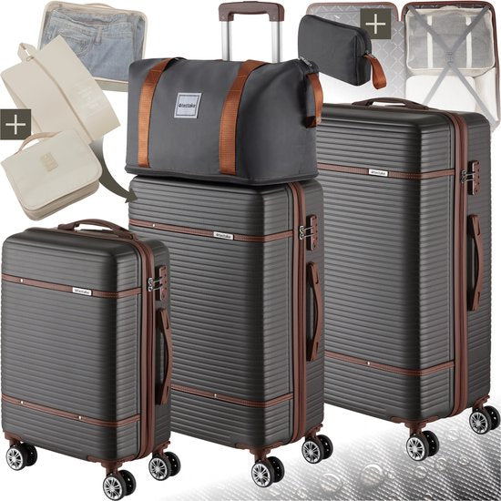 tectake® Set de valises - Set de voyage 13 pièces - Valises - Set de valises - Set de bagages Comprend une valise à main, une valise spacieuse, une trousse de voyage, une trousse de toilette, une trousse d'accessoires - Trolley avec serrure TSA - Anthraci