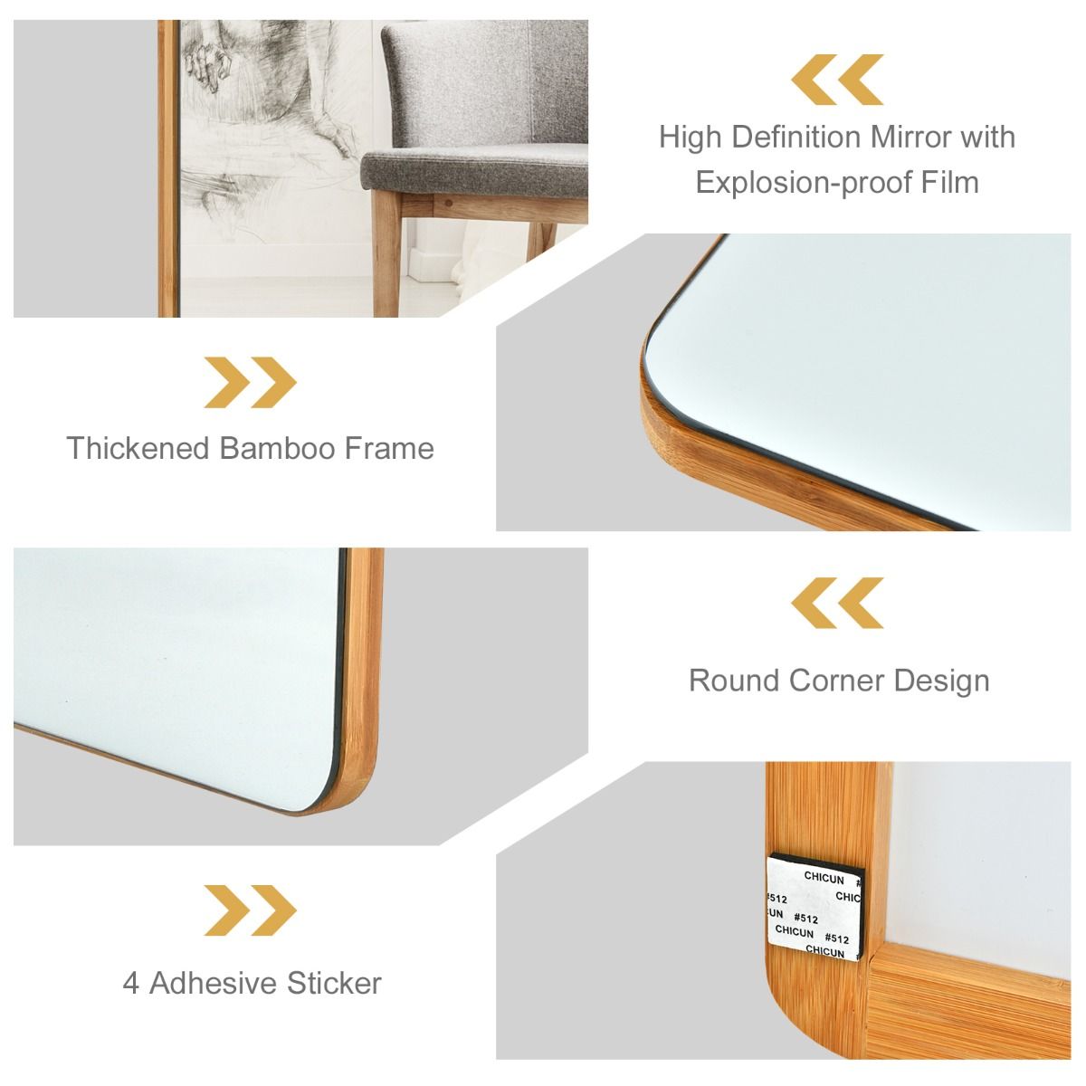 Coast Door and Wall Mirror with Bamboo Frame - Miroir moderne à suspendre pour l'entrée, le salon et la chambre - 100 x 35 cm - Naturel