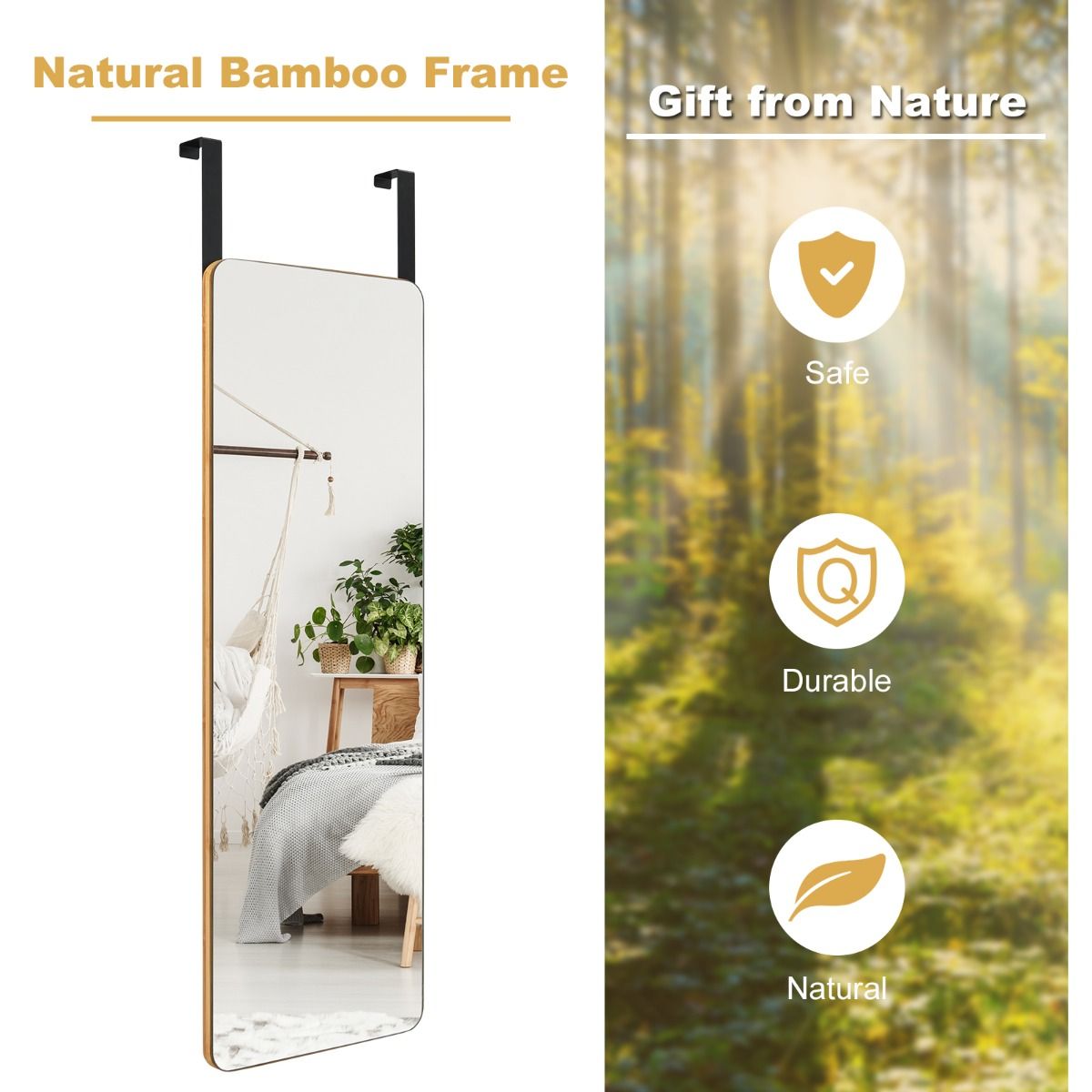 Coast Door and Wall Mirror with Bamboo Frame - Miroir moderne à suspendre pour l'entrée, le salon et la chambre - 100 x 35 cm - Naturel
