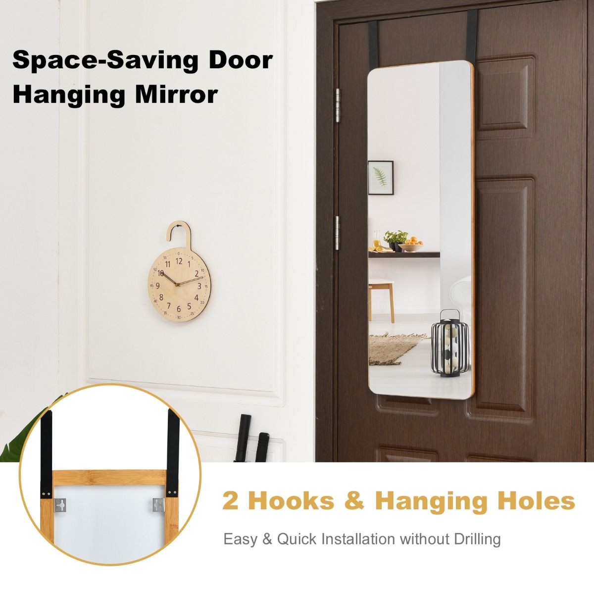 Coast Door and Wall Mirror with Bamboo Frame - Miroir moderne à suspendre pour l'entrée, le salon et la chambre - 100 x 35 cm - Naturel