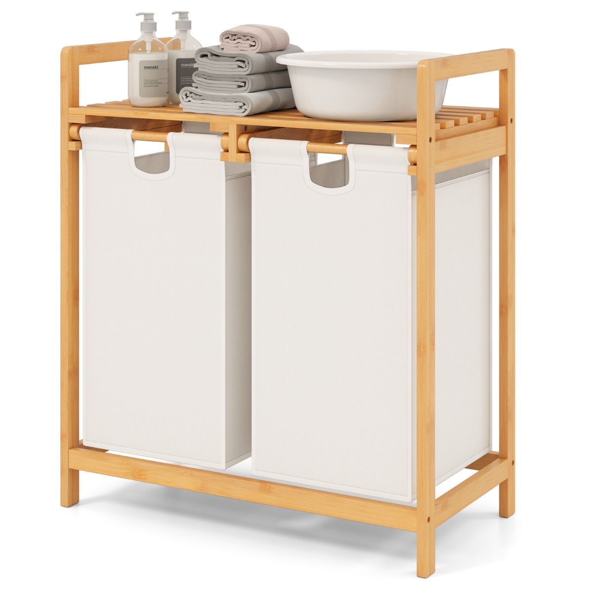 Coast Bamboo Laundry Basket 2-Section 64x33x73cm with Two Removable Laundry Bags, Top Shelf, Natural/White (Panier à linge en bambou à 2 sections 64x33x73cm avec deux sacs à linge amovibles, étagère supérieure, naturel/blanc)