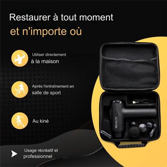 Pistolet de massage – Revolt – 30 vitesses – 6 embouts – Batterie 2500 mAh – Soulagement musculaire – Noir