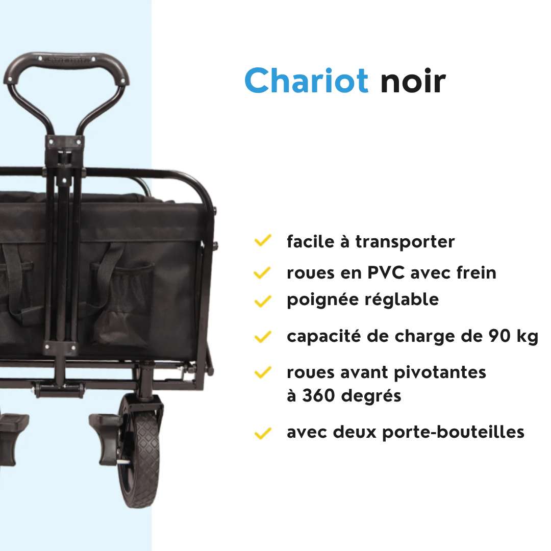 BRASQ Wagon pliable - 100 litres - Capacité 90 KG - Roues pivotantes avec frein - 90x51x100 CM - Poignée réglable - Noir