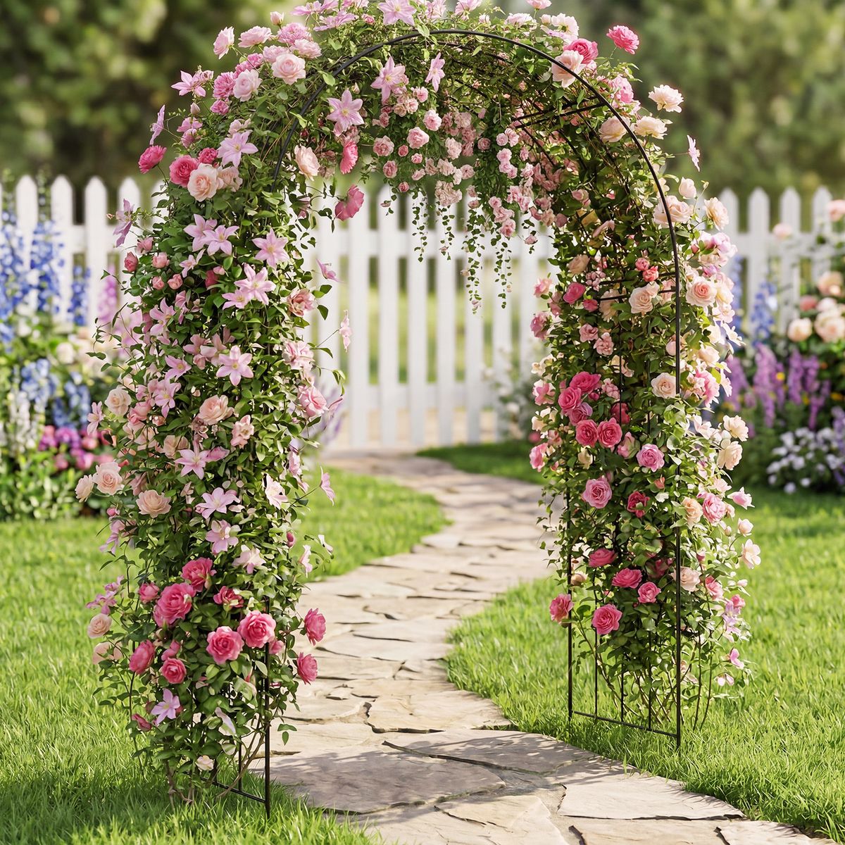 Arche de jardin en métal Coast - Arche grimpante avec piquets - Décoration florale élégante - Noir - 144 x 51 x 222 cm