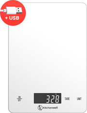 Kitchenwell Balance de cuisine numérique de précision - Balance de cuisine - 1gr - 15kg - Fonction tare - Rechargeable par USB - Blanc