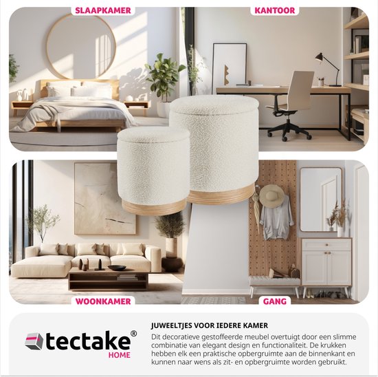 tectake® - Lot de 2 tabourets avec rangement - tissu bouclé teddy - Scandi - Tabouret rembourré rond - Pour table de maquillage, chambre, salon - 2 tailles (38 et 32cm)