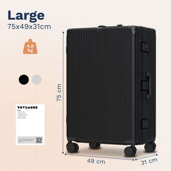 Valise de voyage TRVLMORE Premium 115 L – Sans fermeture éclair – Double serrure TSA – Structure en aluminium – Noire