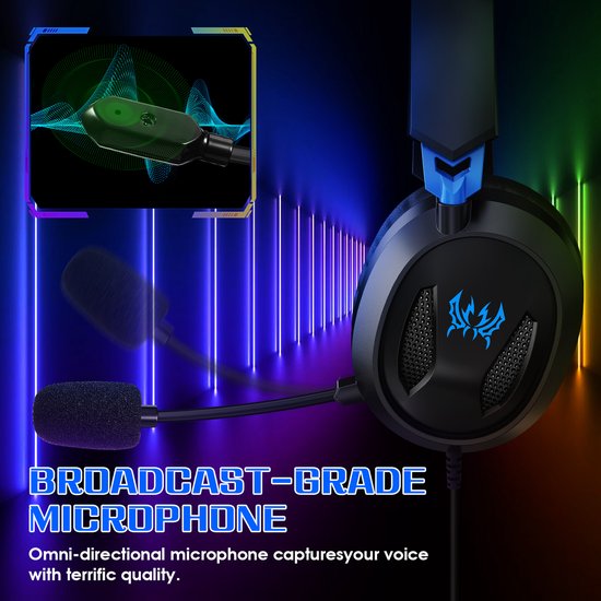 Casque gaming KOTION EACH G3100 - Casque circum-auriculaire avec microphone - Compatible avec Nintendo Switch, PS5, PS4, Xbox Series X|S, Xbox One, appareils mobiles et PC - Noir et bleu