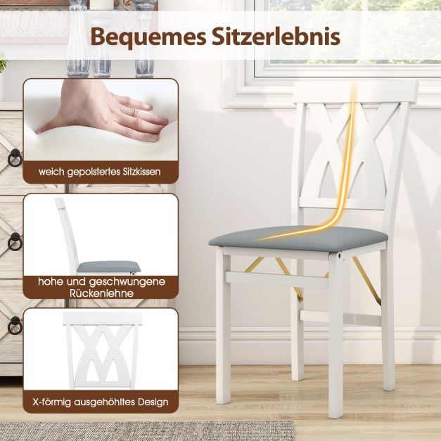 Ensemble Coast de 2 chaises de salle à manger pliantes, sans accoudoirs, avec dossier à lattes et coussin rembourré - Bois d'hévéa - 41 x 53 x 91 cm - Blanc