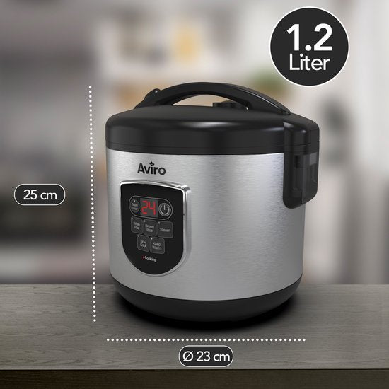 Aviro Rice Cooker - Slowcooker - 1,2L - 7 Fonctions - Fonction maintien au chaud - Cuiseur de riz - Antiadhésif - Multicuiseur - 2-6 personnes - acier inoxydable