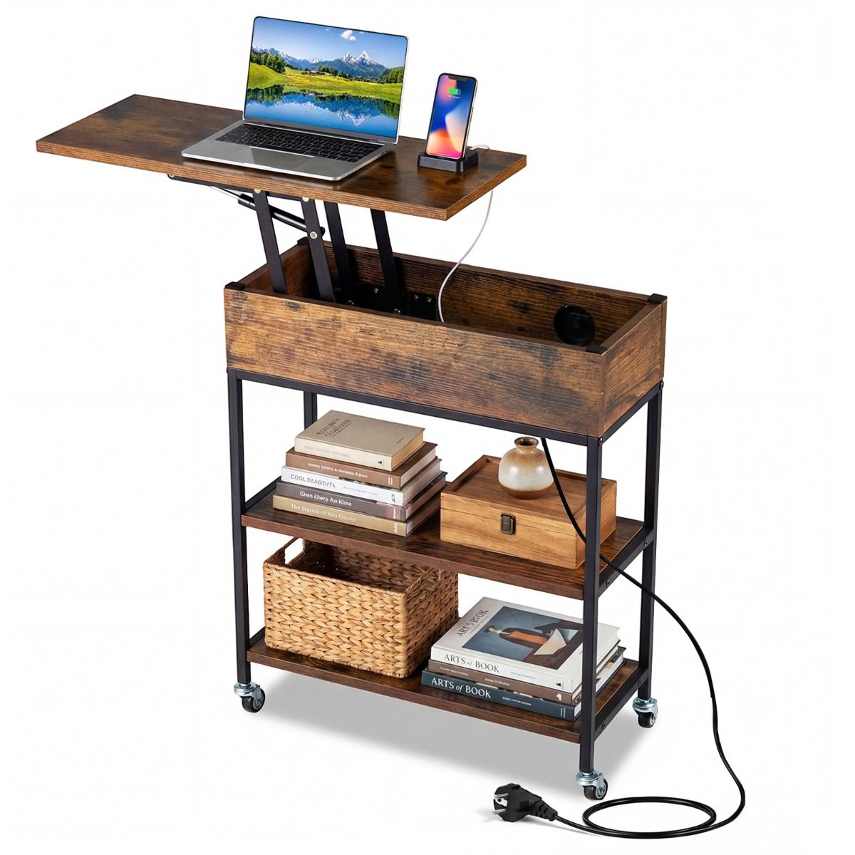 Table d'appoint Coast avec plateau rabattable - Station de recharge et espace de rangement dissimulé - Brun rustique et noir
