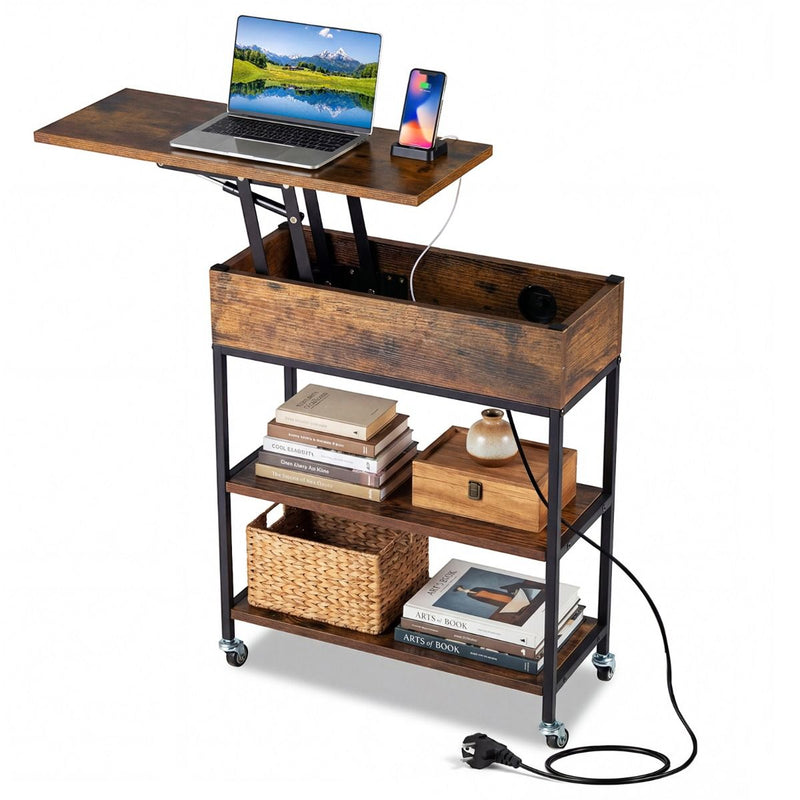 Table d'appoint Coast avec plateau rabattable - Station de recharge et espace de rangement dissimulé - Brun rustique et noir