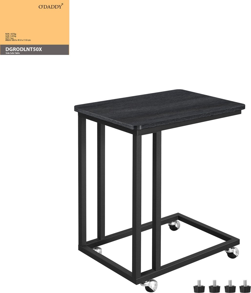 O'DADDY® Table d'appoint - tables d'appoint - table d'appoint en métal et bois - table d'appoint - tables basses - table d'appoint noire - table de chevet à roulettes - table d'appoint à roulettes - table d'appoint - tables d'appoint à roulettes - 50 x 35