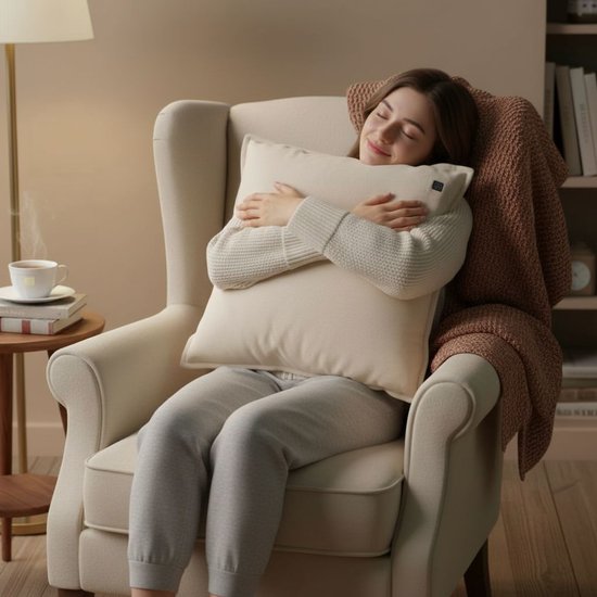 Coussin chauffant Alpina rechargeable avec batterie externe – Coussin chauffant électrique à 3 niveaux de chaleur – Coussin chauffant avec housse en polaire – 45 x 45 cm – Beige
