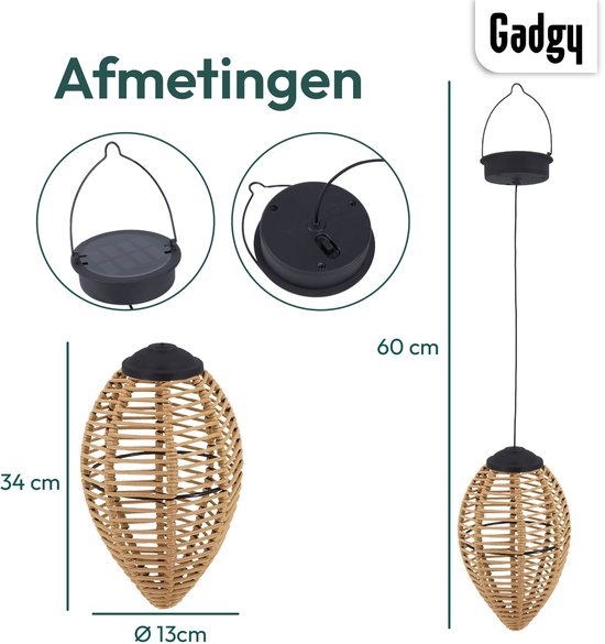Gadgy Solar Suspension Lights Outdoor - Set of 2 - Rattan Look - LED Solar Garden Lights - Warm Light - Splashproof - Solar-powered - Suspension Light Garden Decoration