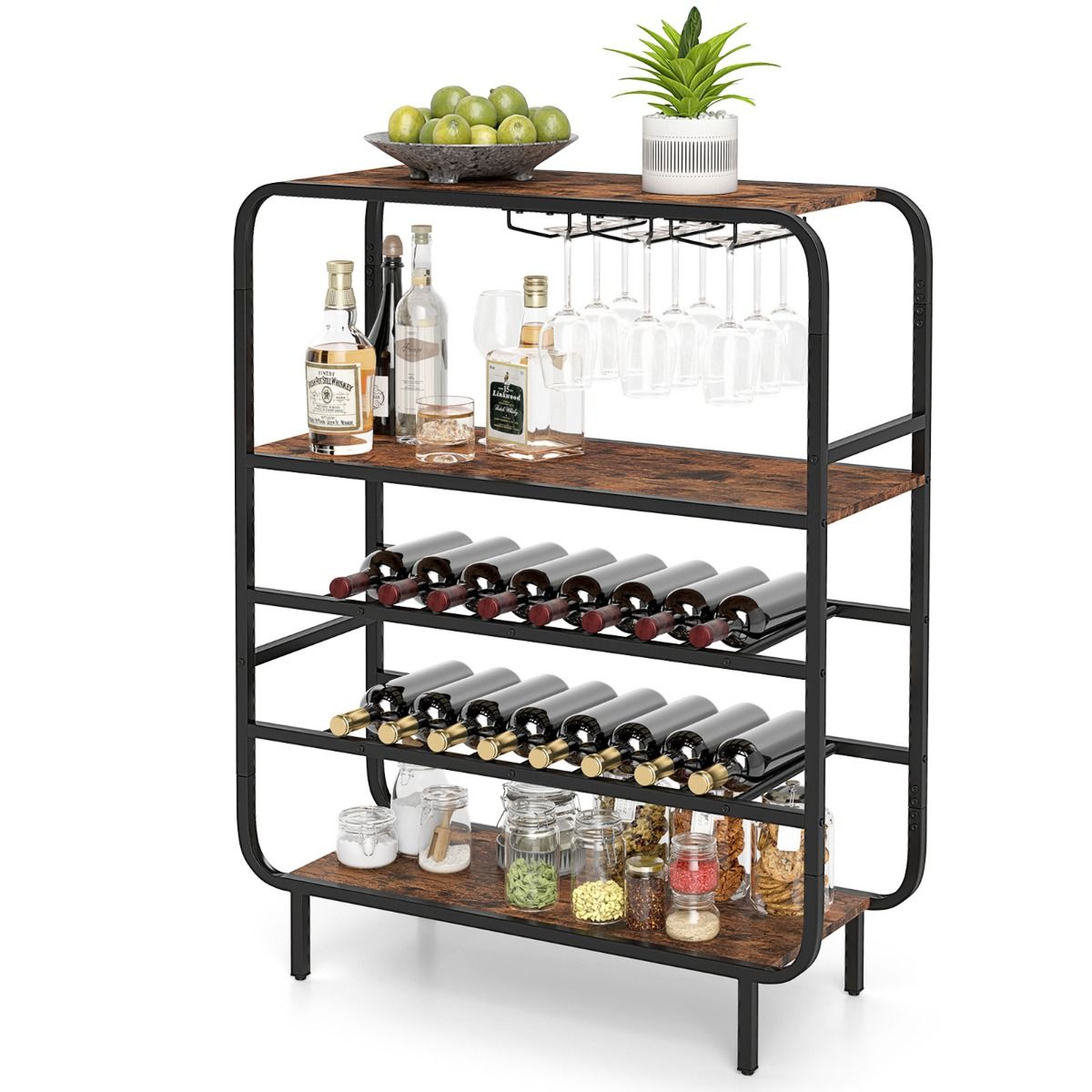 Étagère à vin Coast - cinq étages - porte-verres et plateau - noir et marron rustique - 91 x 35 x 117 cm