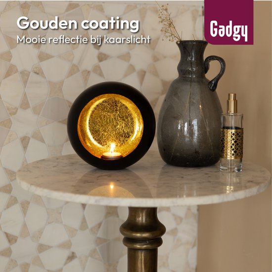 Gadgy Porte-lampions rond - Porte-lampions - Décoration de Noël Salon - Lumière d'ambiance à l'intérieur - Porte-bougies pour bougies 17x17 cm - Lampe à vent en métal - Noir/Or - Cadeau pour femme