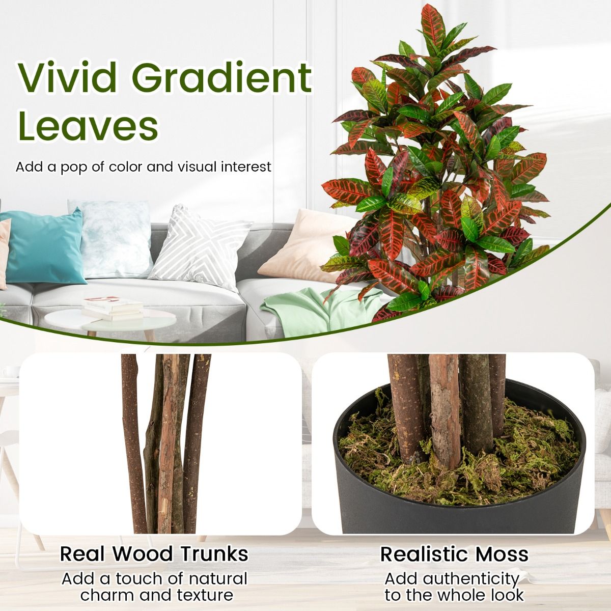 Plante artificielle Coast « Croton Palm » - tronc en bois véritable - feuilles colorées - 150 cm