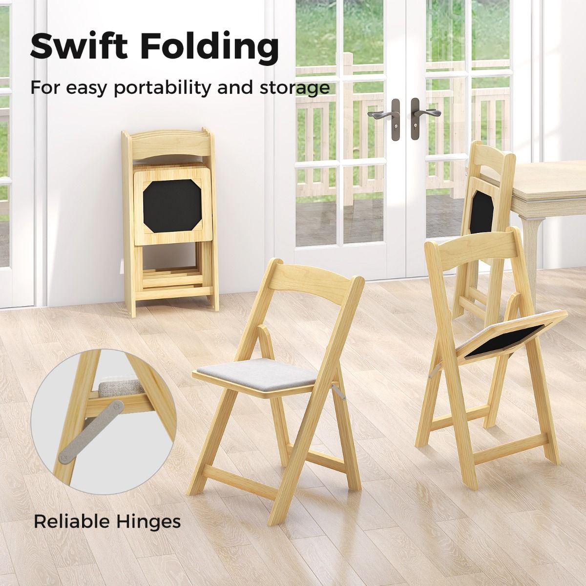 Coast Set de 2 chaises de salle à manger pliables - 44x47x77 cm - couleur naturelle - avec pieds en bois d'hévéa et assise rembourrée